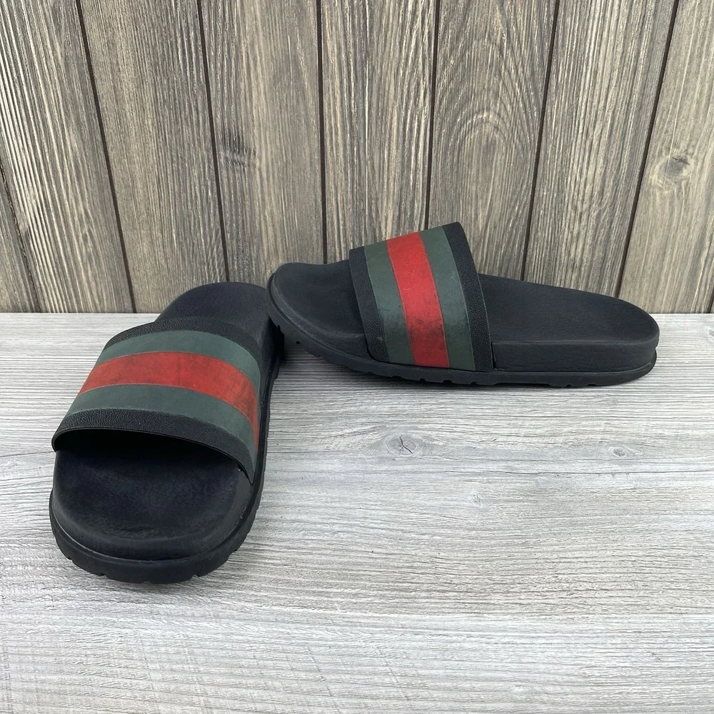 Gucci Web Men's Rubber Slide Sandal Black Rubber, Size 10 US Iconic Stripe Logo